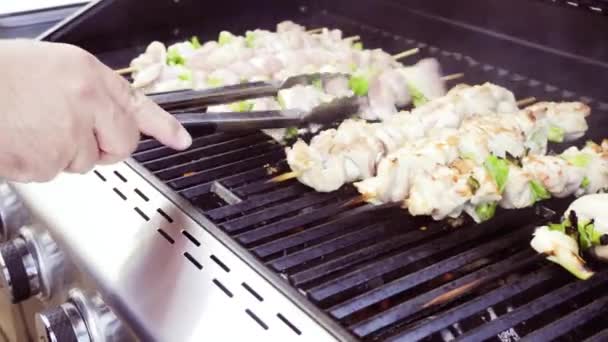 Skridt Skridt Grilling Kylling Yakitori Bambus Spyd Udendørs Gasgrill – Stock-video