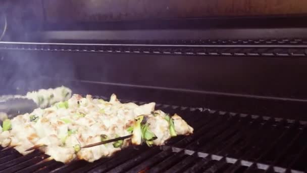 Paso Paso Parrilla Pollo Yakitori Pinchos Bambú Parrilla Gas Aire — Vídeos de Stock