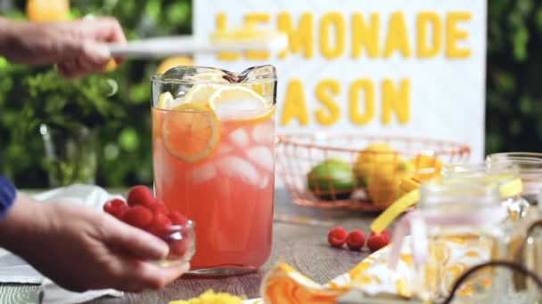 Step Step Preparing Raspberry Lemonade Fresh Lemons Raspberries Drinking Mason — Stock Video