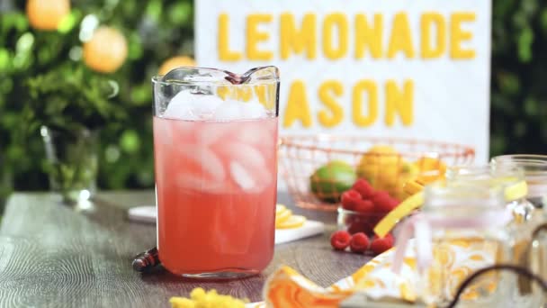 Krok Kroku Upływ Czasu Przygotowując Malina Lemoniady Świeżych Cytryn Maliny — Wideo stockowe