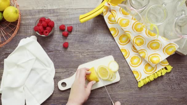 Krok Krokem Příprava Malinová Limonáda Čerstvým Citrony Maliny Pití Sklenice — Stock video