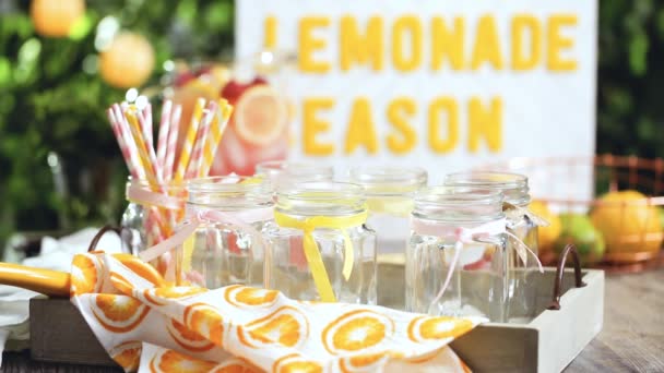 一歩一歩 新鮮なレモンと石工の Jar ファイルを飲むラズベリー レモネードを注いでラズベリー — ストック動画