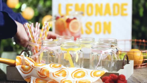 Step Step Time Lapse Pouring Raspberry Lemonade Fresh Lemons Raspberries — Stock Video