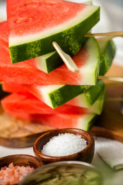 Sliced Watermelon Triangle Shapes Wooden Sticks — Stock Photo, Image