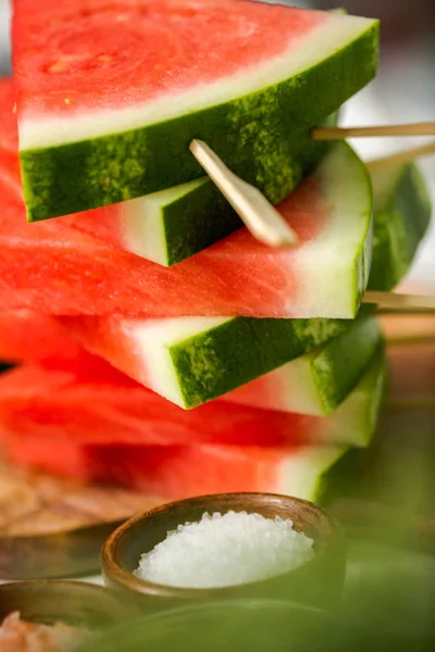 Sliced Watermelon Triangle Shapes Wooden Sticks — Stock Photo, Image