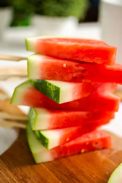 Sliced Watermelon Triangle Shapes Wooden Sticks — Stock Photo, Image