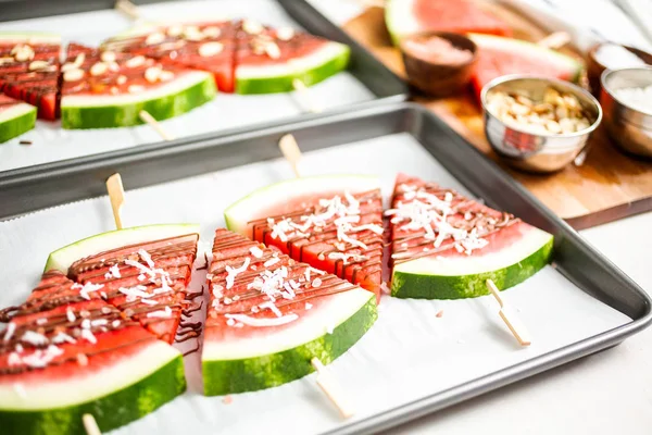 Watermelon Drizzled Chocolate Topped Flaked Sea Salt Coconut — Stock Photo, Image