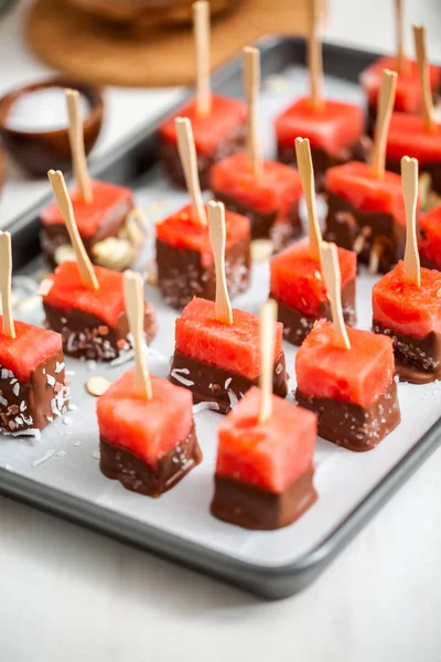 Preparing Watermelon Appetizers Dipped Chocolate Sprinked Sea Salt Almonds — Stock Photo, Image