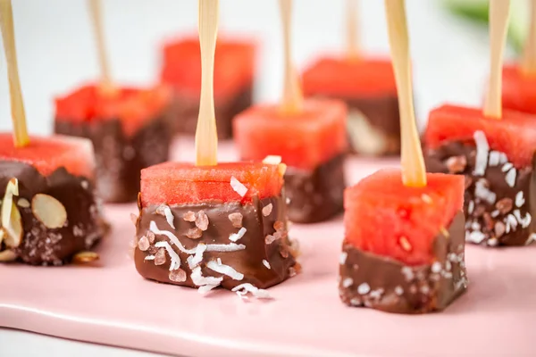 Preparing Watermelon Appetizers Dipped Chocolate Sprinked Sea Salt Almonds — Stock Photo, Image