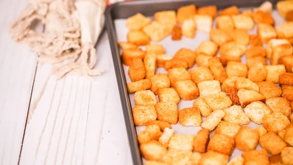 Fresh French Toast Croutons Baking Sheet — Stock Photo, Image