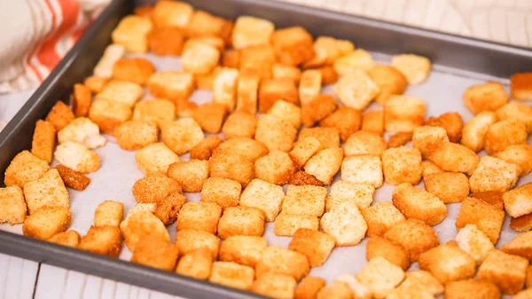 Fresh French Toast Croutons Baking Sheet — Stock Photo, Image