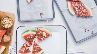 Adım adım. Karpuz dilimleri çikolata ve deniz ile süslenmiş Tepsi hizmet veren demir çubuk üzerinde tuz.