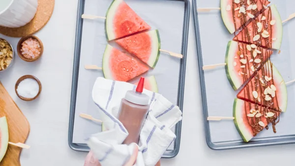 Stap Voor Stap Druilerig Chocolade Watermeloen Ice Pops — Stockfoto