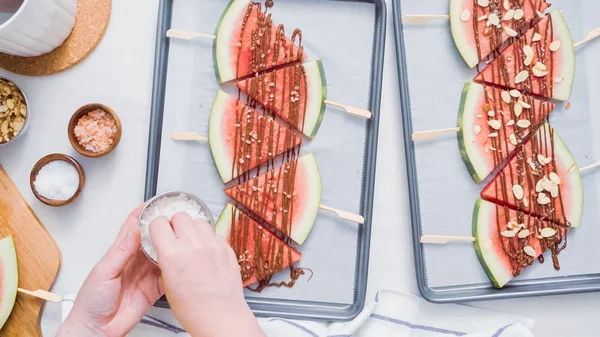 Stap Voor Stap Bijgerechten Watermeloen Ice Pops Met Zeezout Almons — Stockfoto