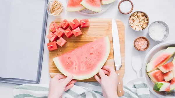 Slicing Watermelon Cubes Preparing Chocolate Covered Watermelon Bites — Stock Photo, Image