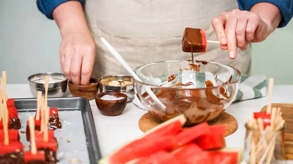 Dipping Watermelon Cubes Melted Chocolate Garnishing Sea Salt Almonds — Stock Photo, Image