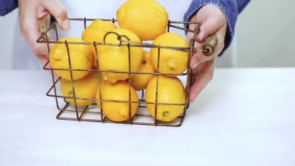 Step Step Slicing Fresh Organic Lemons White Wood Cutting Board — Stock Video