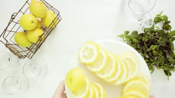 新鲜柠檬和稻草的柠檬水在托盘上 — 图库视频影像