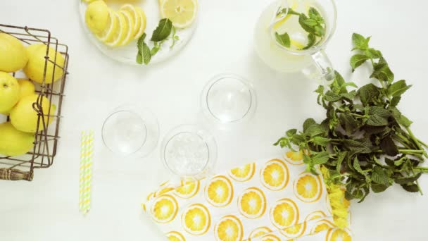 新鲜柠檬和稻草的柠檬水在托盘上 — 图库视频影像