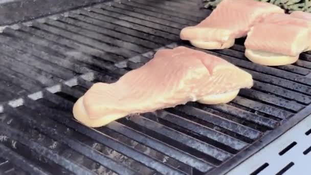 Step Step Grilling Salmon Lemons Outdooor Gas Grill — Stock Video