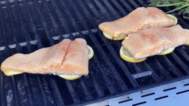 Step Step Grilling Salmon Lemons Outdooor Gas Grill — Stock Video