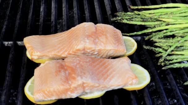 Step Step Grilling Salmon Lemons Outdooor Gas Grill — Stock Video
