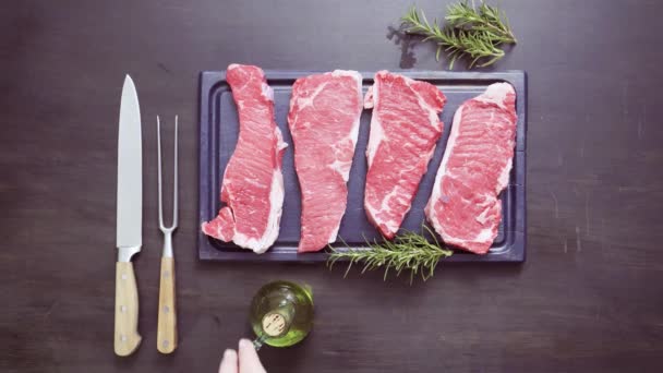 Raw New York Strip Steaks Cast Iron Frying Pan — Stock Video