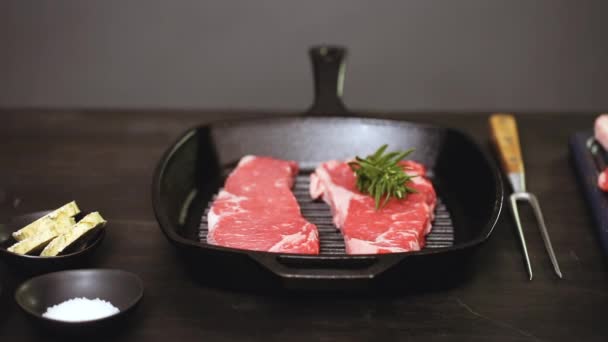 Raw New York Strip Steaks Cast Iron Frying Pan — Stock Video
