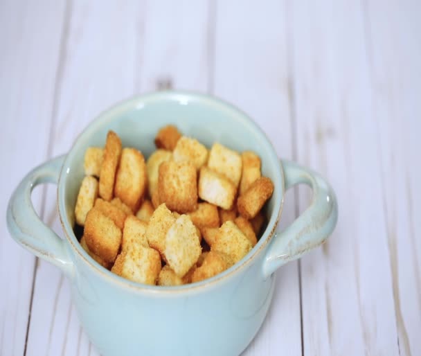 Croutons Tostadas Francés Fresco Tazón — Vídeos de Stock