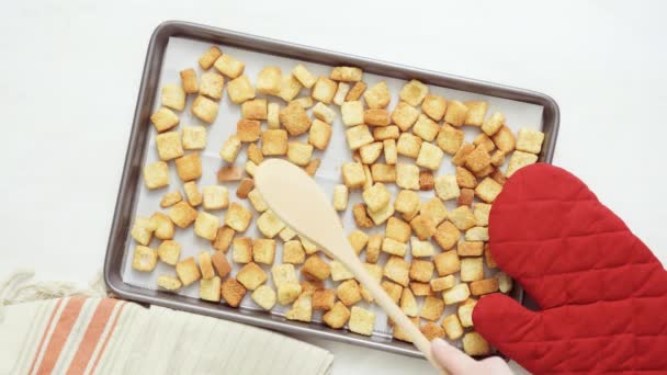 Fresh French Toast Croutons Baking Sheet — Stock Video