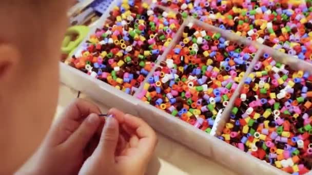 Little Girl Making Bracelet Colorful Kids Beads — Stock Video