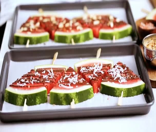 Step Step Watermelon Wedges Garnished Chocolate Sea Salt Stick Baking — Stock Video