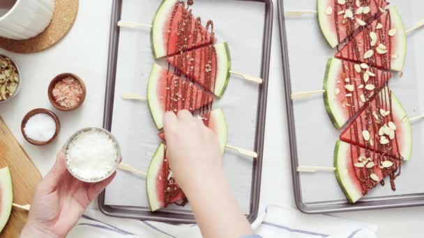 Steg För Steg Vattenmelon Klyftor Garnerad Med Choklad Och Sea — Stockvideo