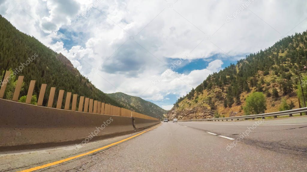 Driving West through the mountains on interstate highway I70.