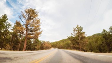 Sürüş dağ yolda Estes Park ve Boulder arasında akşamları.