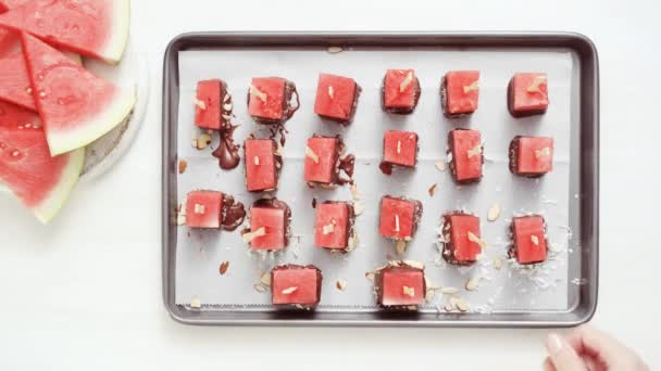 Watermelon Cubes Melted Chocolate Garnishing Sea Salt Almonds — Stock Video