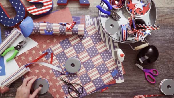 Step Step Mother Daughter Making Paper Firecrackers July 4Th Celebration — Stock Video