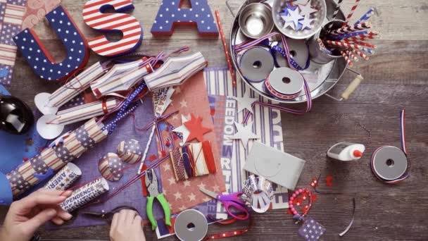 Step Step Mother Daughter Making Paper Firecrackers July 4Th Celebration — Stock Video