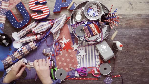 Step Step Mother Daughter Making Paper Firecrackers July 4Th Celebration — Stock Video