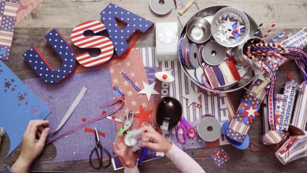 Step Step Mother Daughter Making Paper Firecrackers July 4Th Celebration — Stock Video