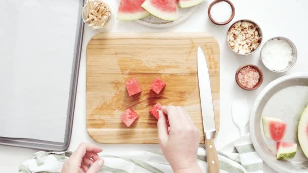 Schritt Für Schritt Zutaten Für Schokoladenüberzogene Wassermelonenbisse Zubereiten — Stockvideo