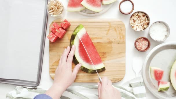 Schritt Für Schritt Zutaten Für Schokoladenüberzogene Wassermelonenbisse Zubereiten — Stockvideo