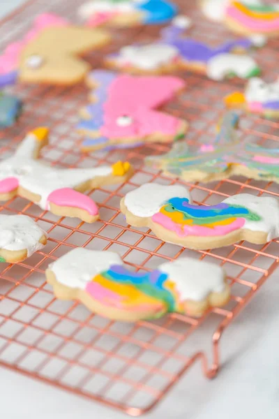 Unicorn Shaped Sugar Cookies Decorated Kids Royal Icing Drying Rack — Stock Photo, Image