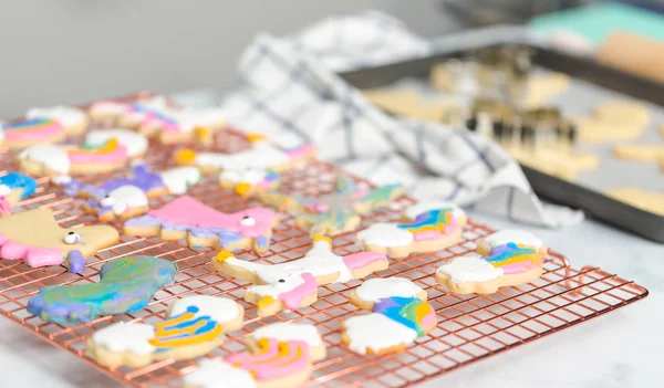 Unicorn Shaped Sugar Cookies Decorated Kids Royal Icing Drying Rack — Stock Photo, Image