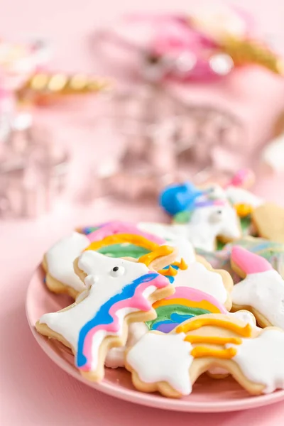 Unicorn Shaped Sugar Cookies Decorated Kids Royal Icing Pink Plate — Stock Photo, Image