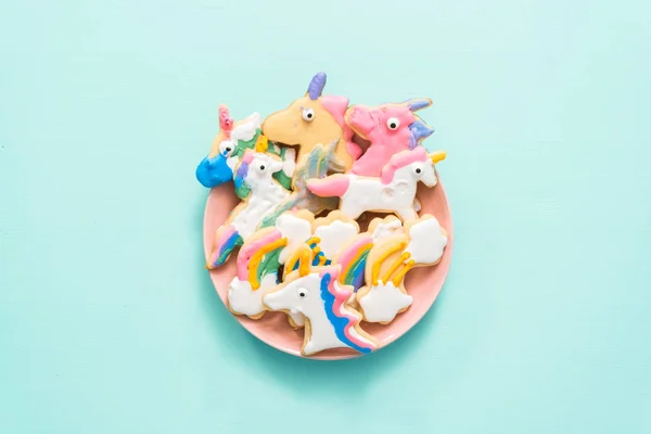 Tvarované Cukroví Zdobí Děti Royal Poleva Růžové Desce Jednorožec — Stock fotografie
