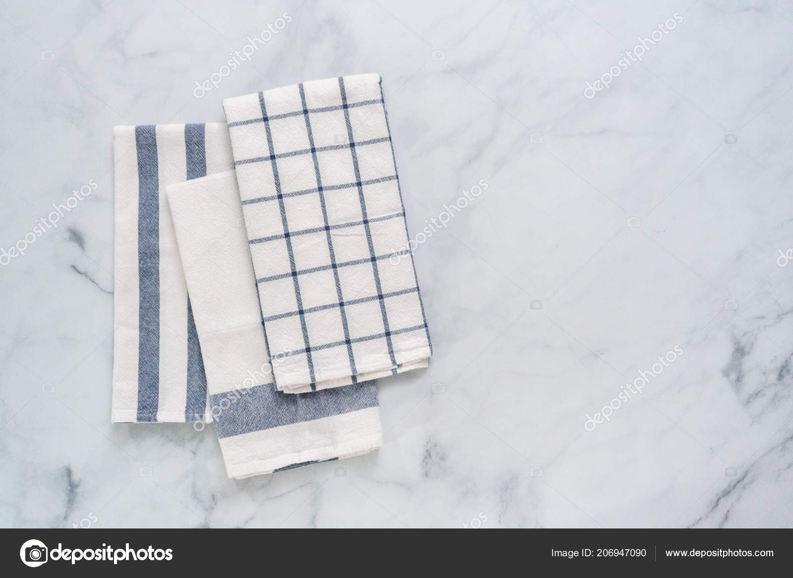 New Kitchen Towels Simple Blue Pattern Folded Marble Counter Stock