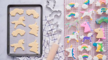 Tek boynuzlu at çerezleri royal Icing raf kurutma kurutma ile dekore edilmiş.