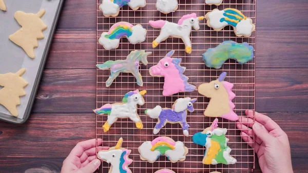 Galletas Unicornio Decoradas Con Hielo Real Secado Estante Secado — Foto de Stock