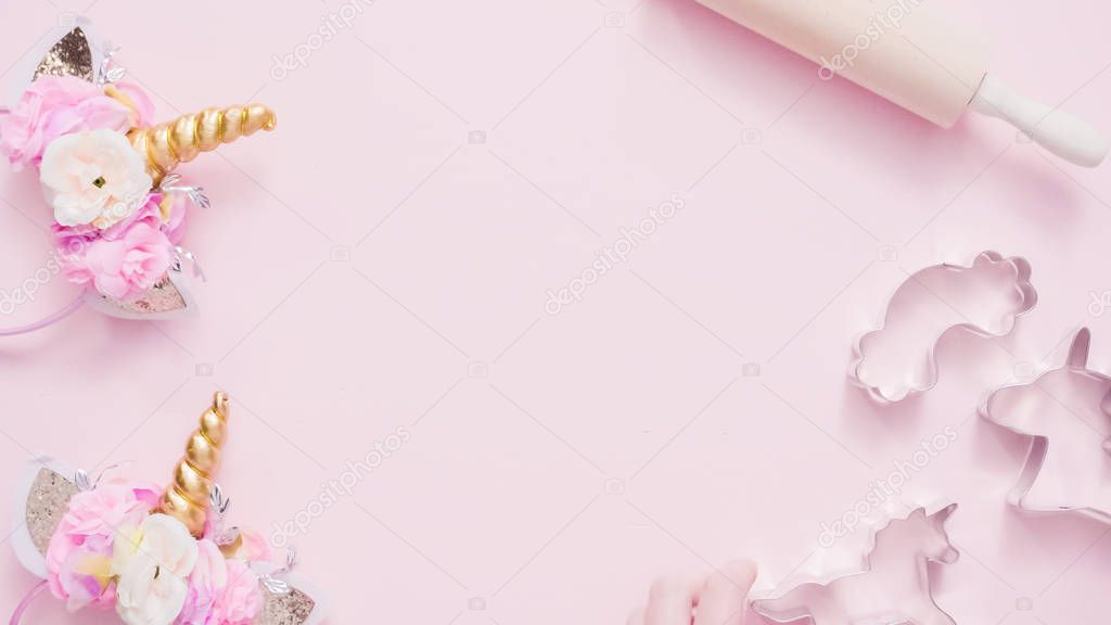 Unicorn kids baking party on pink background.